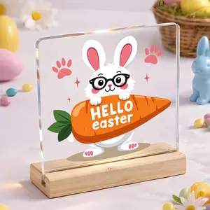 Easter Acrylic Tabletop Sign with Wooden Base, Cute Bunny and Carrot Design, Spring Decor for Home Office or Desk, Perfect Gift for Women and Teachers