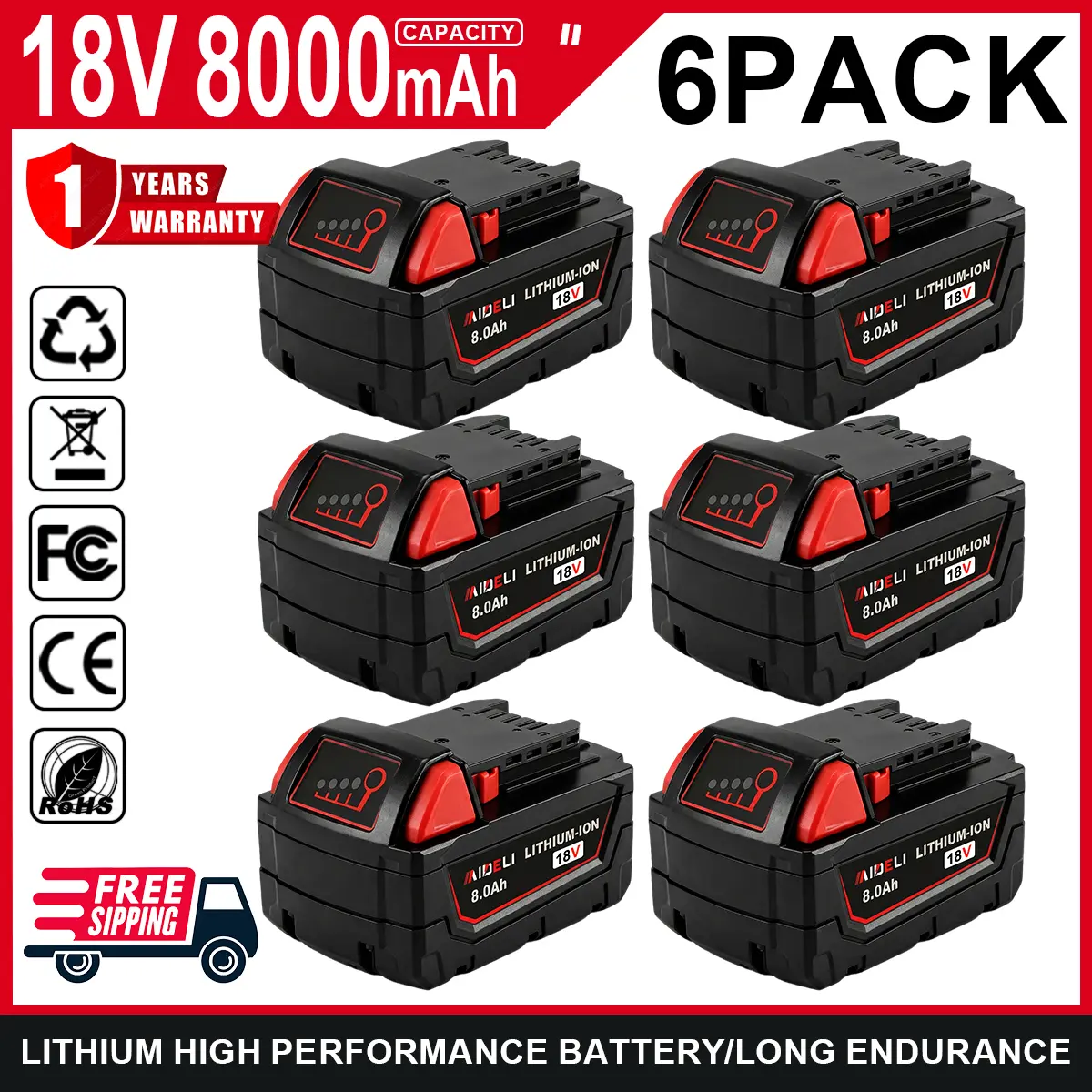 6-Packs M18 8000mAh 18V Replacement Battery for Milwaukee Replacing batteries with electrictools M-18Battery Pack 48-11-1865/48-11-1890/48-11-1850/48-11-1828/48-11-1820/4811-1815 Cordless Tools Compatible Lithium-ion8.0Ah battery