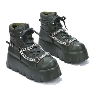 Kristan Women’s Chunky Platform Combat Boots – Lace‑Up Chain Decor High‑Top Wedge Boot