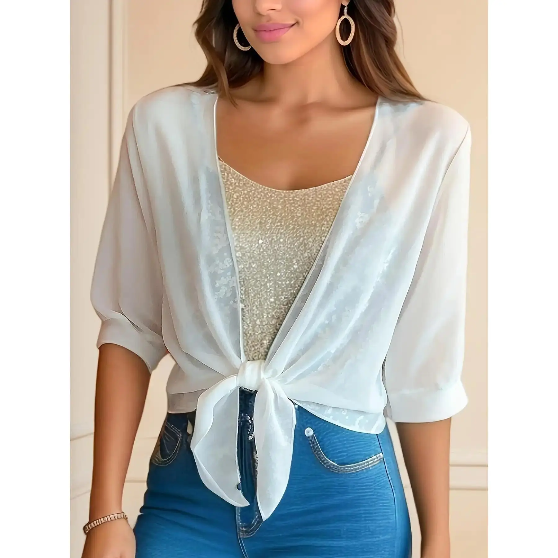 Women's Summer Solid Color Chiffon Cardigan, Half Sleeve Short Tie Knot Open Front Shrugs, Ultra Thin Lightweight Sheer Sunscreen Cover Ups for Dresses