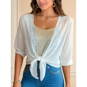 Women's Summer Solid Color Chiffon Cardigan, Half Sleeve Short Tie Knot Open Front Shrugs, Ultra Thin Lightweight Sheer Sunscreen Cover Ups for Dresses
