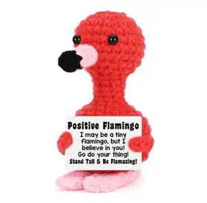 Positive Flamingo Hug Pocket Mini Handmade Plush Wool Knitting Doll with Card Funny Gift Home Room Decoration