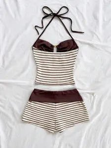 NELSONMIS 2pcs Vacation Casual Striped Knit Texture Metal Buckle Spaghetti Strap Camisole And Shorts Set Suitable For Party