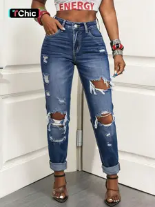 Women's Casual High Stretch Mid-Waist Ripped Straight Leg Jeans Pants, All Seasons Fitted Long Regular Fit, Spring New Arrival