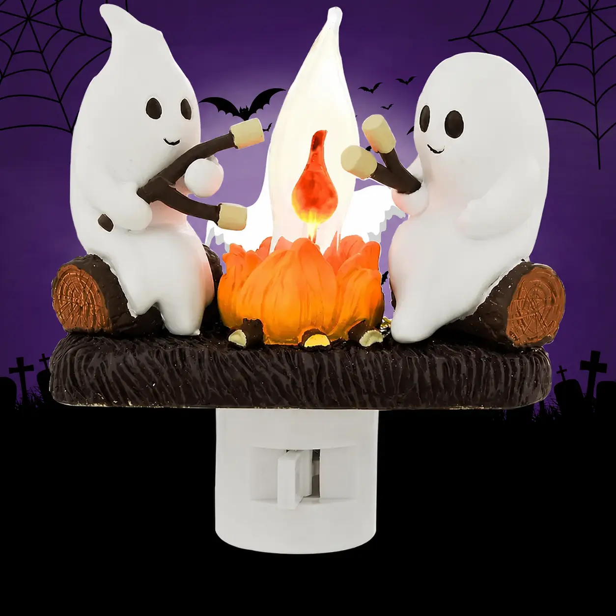 Ghost Campfire Night Light, 3D LED Flickering Flame Plug-in Wall Nightlight, Cute Spooky Marshmallow Ghost Halloween Decoration for Bedroom, Kids Room and Home Decor