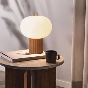 Tambo Accent Table Lamp - Natural Ash Wood Finish, Weathered Brass, White Linen Shade