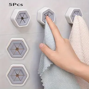 5pcs Hexagon Shape Adhesive Base Wall-Mounted Towel Hooks, Hole-Free No-Drilling Utility Hooks, Space Saver Durable Storage Solution for Face Towels in Kitchen & Bath (Sports & Outdoor Protective Gear Accessory)