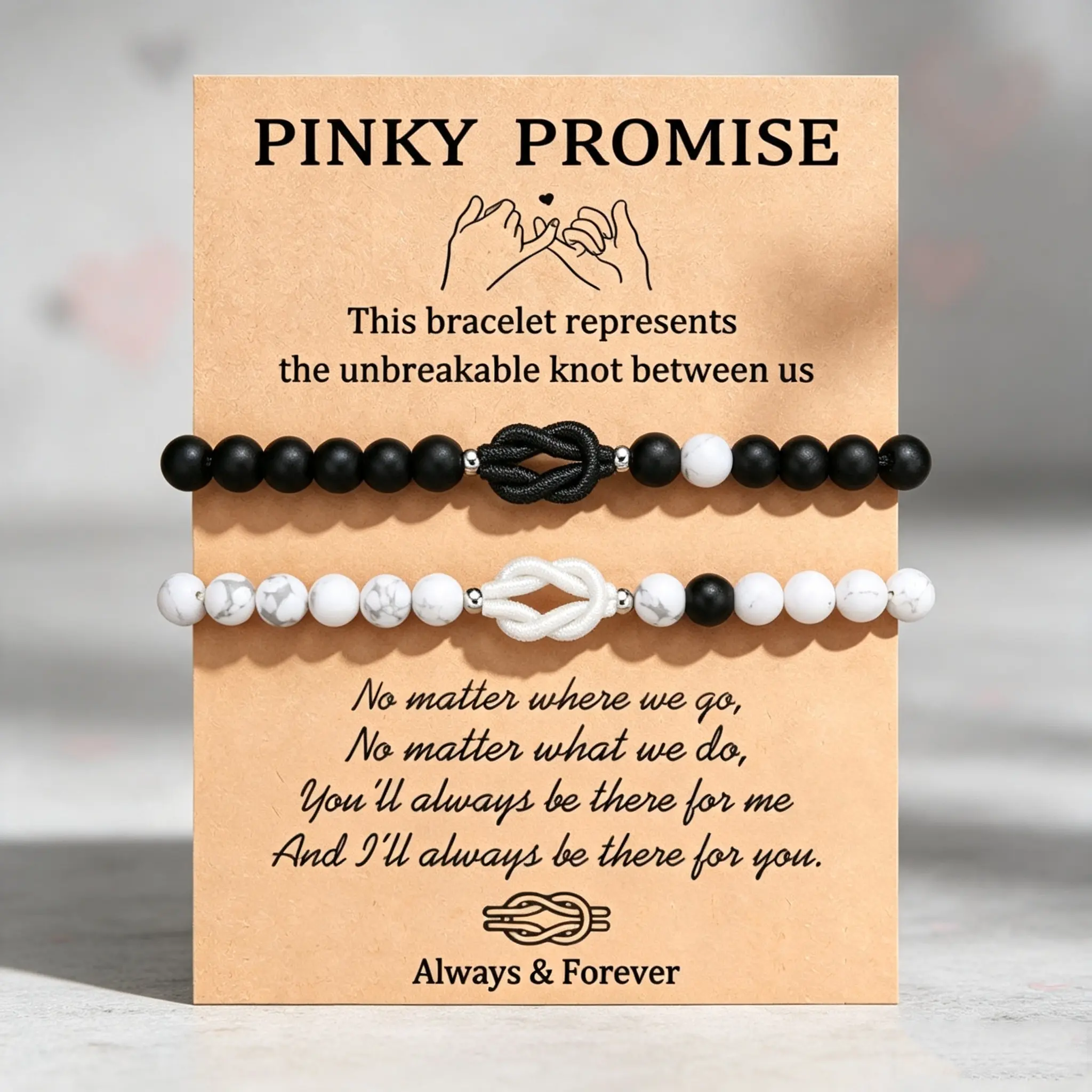 Unisex Pair 2pcs White Howlite & Black Matte Onyx Pinky Promise Matching Sets Couple Bracelets - Unbreakable Lucky Love Knot Beaded Bracelet, Casual Wear Long Distance Valentine Gift