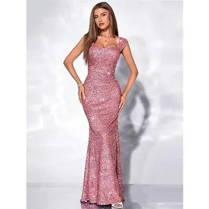 European and American foreign trade cross-border solid color U-neck sequin strap high-waisted   fishtail long  vestidos de gala  evening maxi  easter prom dresses