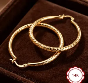 14K Gold Hoop Earrings for Women - Large 50mm (2 Inch) Sparkling Diamond-Cut Textured Hoops, Hypoallergenic for Sensitive Ears, Lightweight Comfortable Wear, Daily Waterproof & Fade Resistant, Secure Click-Top Closure, Perfect for Everyday Office Party