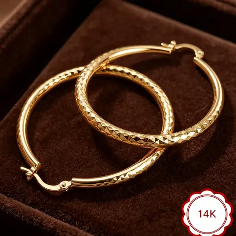 14K Gold Hoop Earrings for Women - Large 50mm (2 Inch) Sparkling Diamond-Cut Textured Hoops, Hypoallergenic for Sensitive Ears, Lightweight Comfortable Wear, Daily Waterproof & Fade Resistant, Secure Click-Top Closure, Perfect for Everyday Office Party