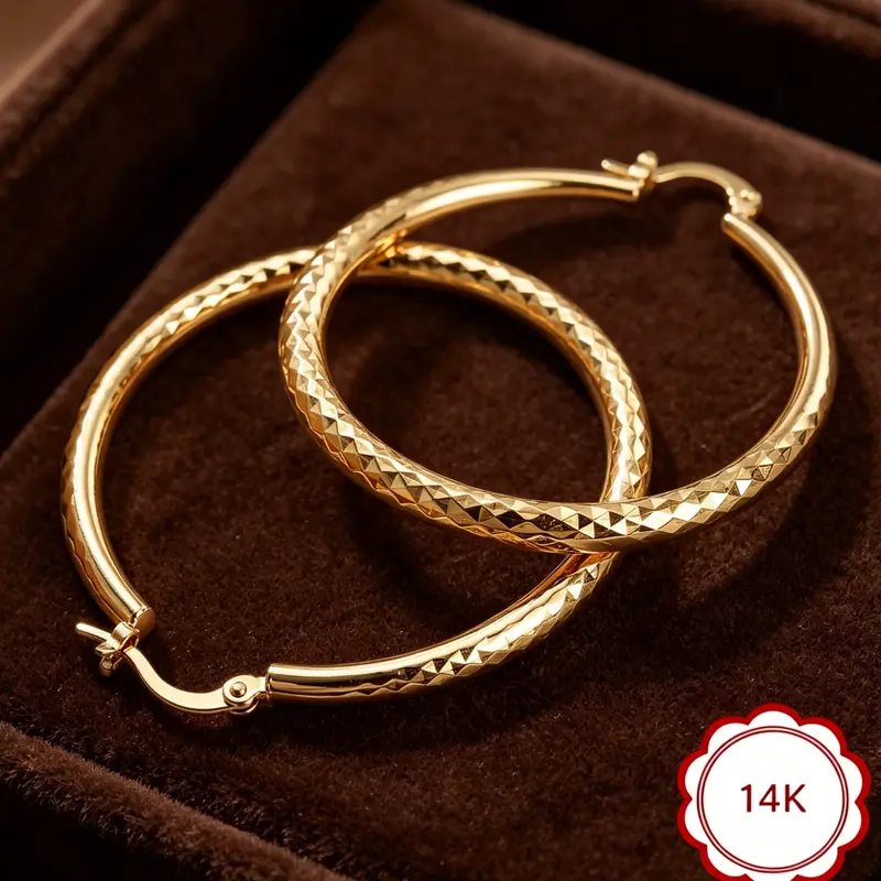 14K Gold Hoop Earrings for Women - Large 50mm (2 Inch) Sparkling Diamond-Cut Textured Hoops, Hypoallergenic for Sensitive Ears, Lightweight Comfortable Wear, Daily Waterproof & Fade Resistant, Secure Click-Top Closure, Perfect for Everyday Office Party