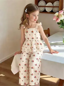 Vintaside Kids Girls 2pcs Set: Vintage Ditsy Floral Camisole Top With Ruffle Sleeves & Loose Wide Leg Pants, Casual Vacation Outfit, Summer Clothing Set, Summer Coord Set