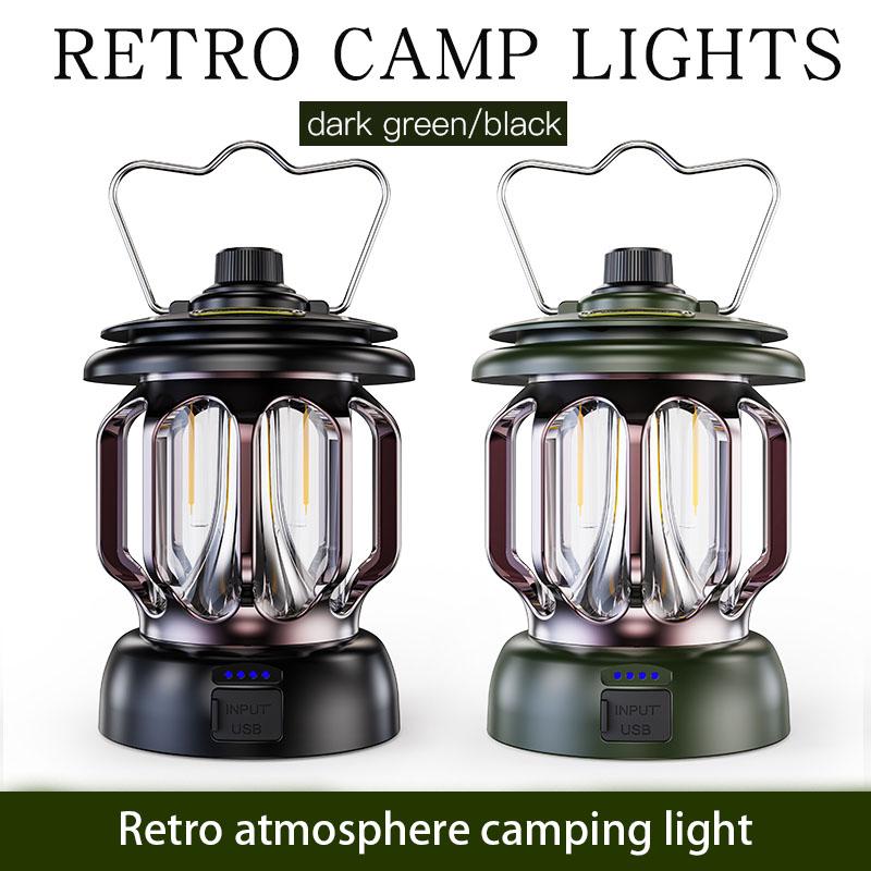 Vintage-style camping lamp, atmospheric portable lantern, flashlight with a metal hook for hanging, USB rechargeable with power output function, very suitable for fishing, household power outages, desktop lighting and emergency lighting