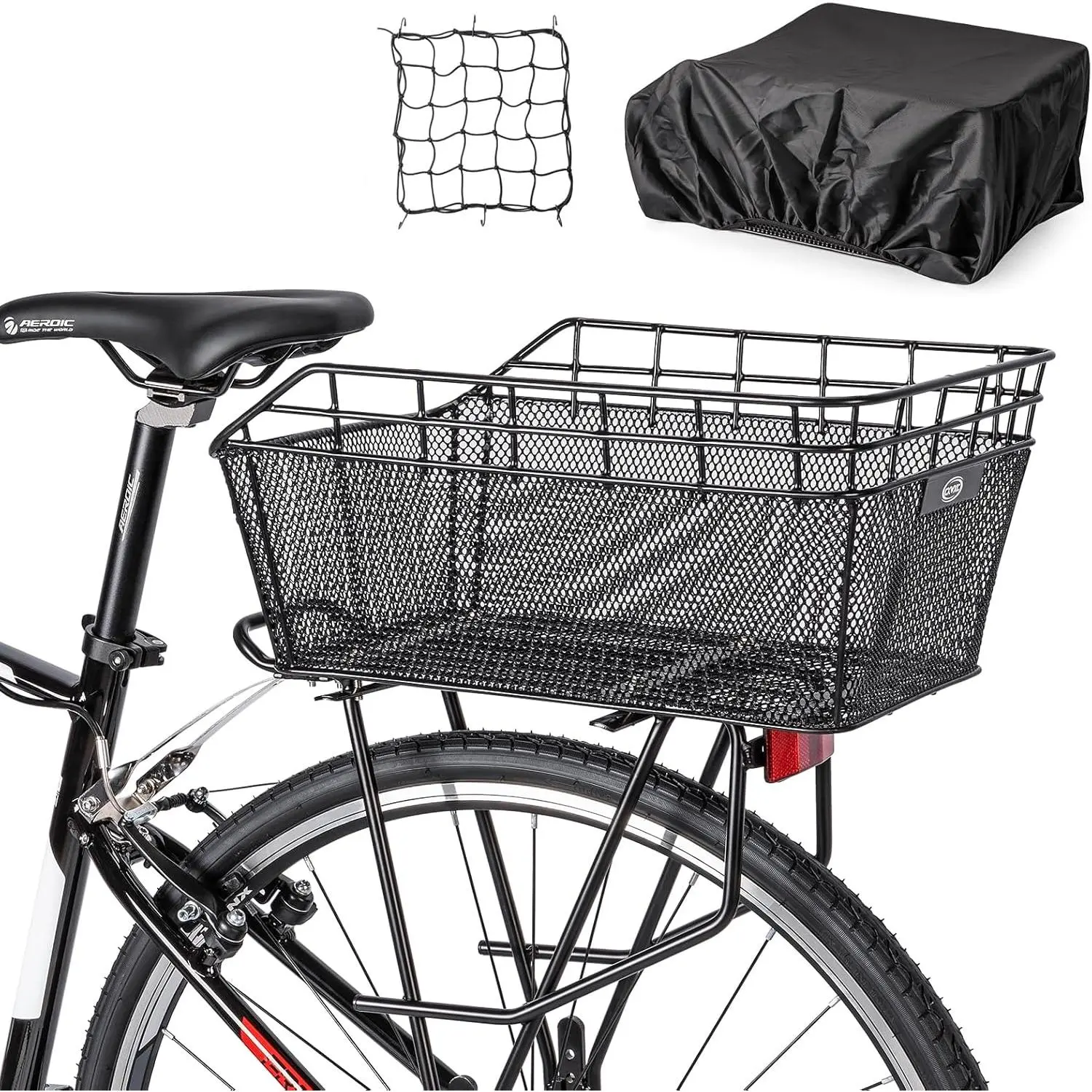 Rear  Basket - Large Bicycle Rear Basket with Cargo Net and  Cover, Wire  Baskets Rear Large Capacity (NO  Rack Include)