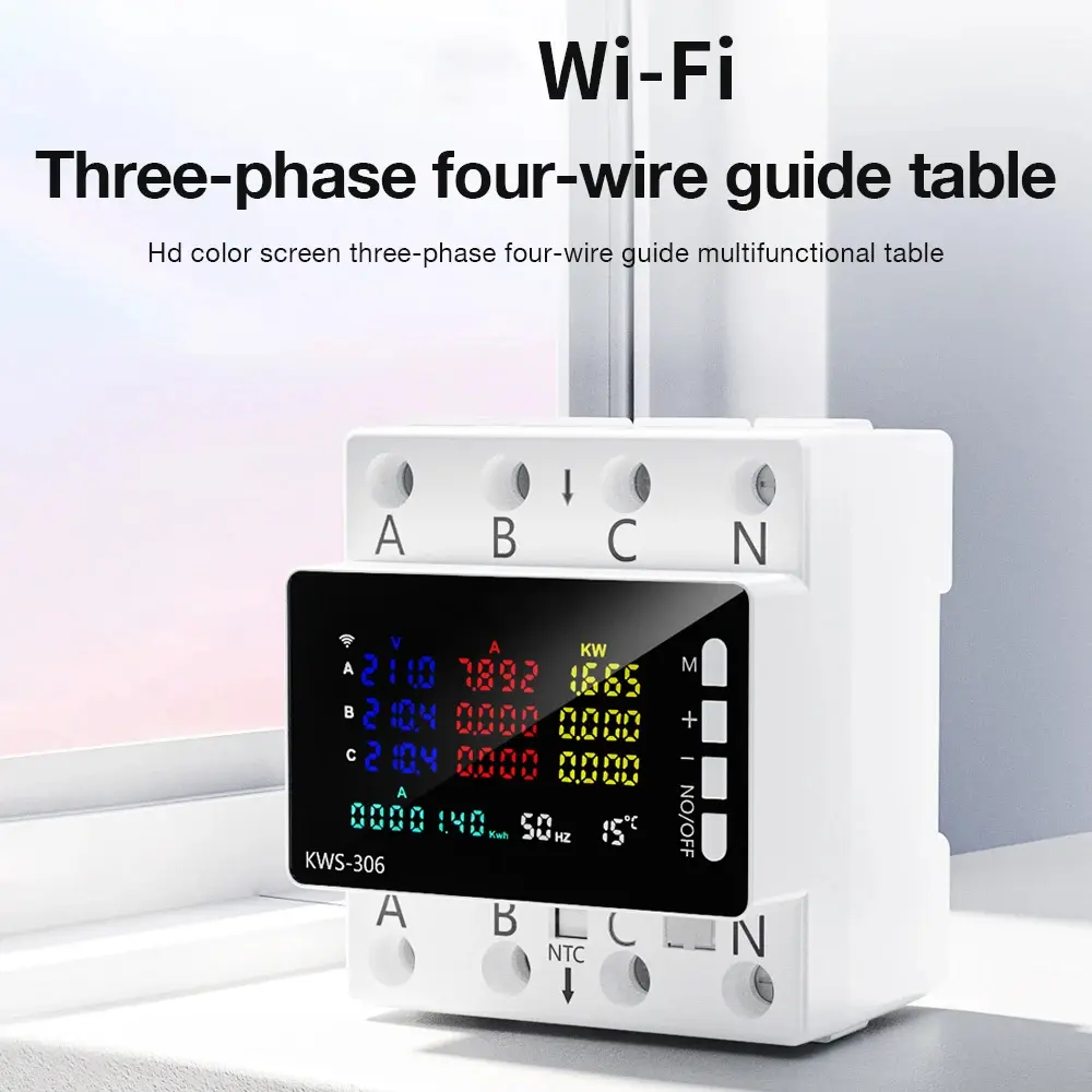 WiFi Intelligent Digital Energy Tester with WiFi Module, HD Color Screen, DIN Rail Installation, Current Protection Relay Switch, Power Monitoring and Control Device for Smart Home