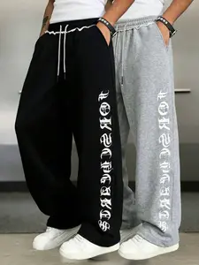 2PCS，Men' s fashion casual athletic sweatpants with letterprint, distinctive rolled waistband, drawstring waist,straight-leg long pants-suitable for indoor and outdoorwear, ideal for leisure sports and running, also suitable asa couple gift