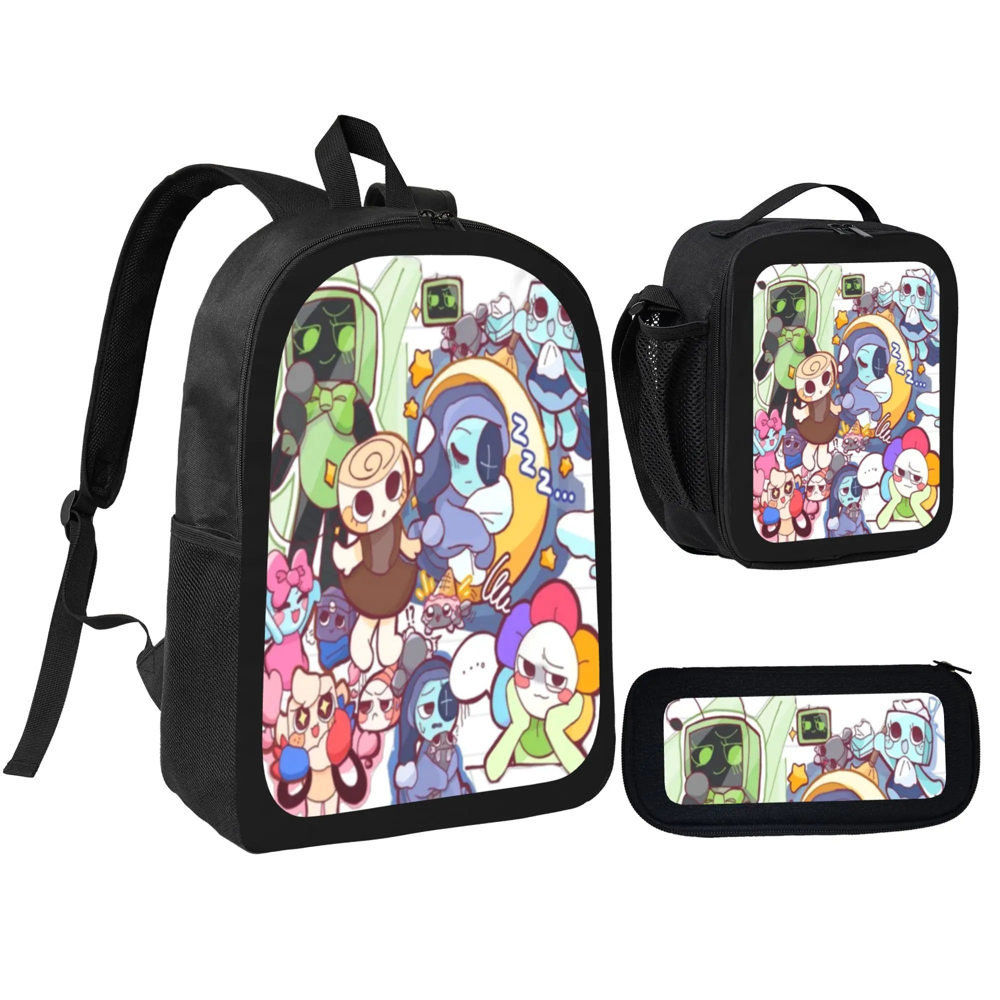 Dandy's World Cartoon Backpack 3-Piece Set - Includes School Bag, Pencil Case, Insulated Lunch Bag - Polyester Lightweight for Daily Use, Zoo, Park & Holiday