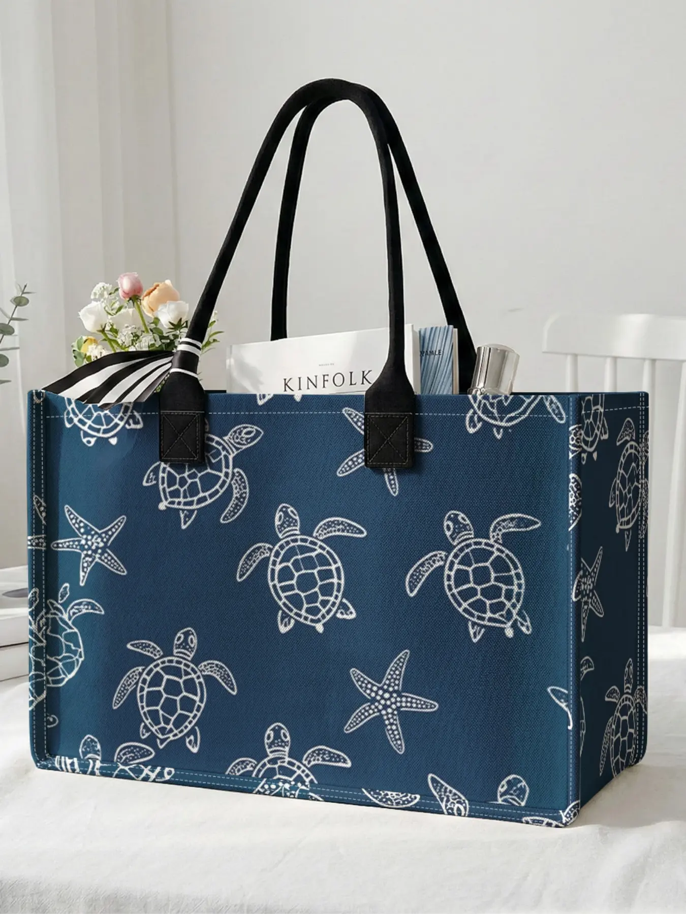 Turtle starfish pattern 2D printed large capacity storage bag, Patterned bag, sturdy handle, space-saving multi-purpose, reusable, suitable for school, business trips, shopping, Tote Bag