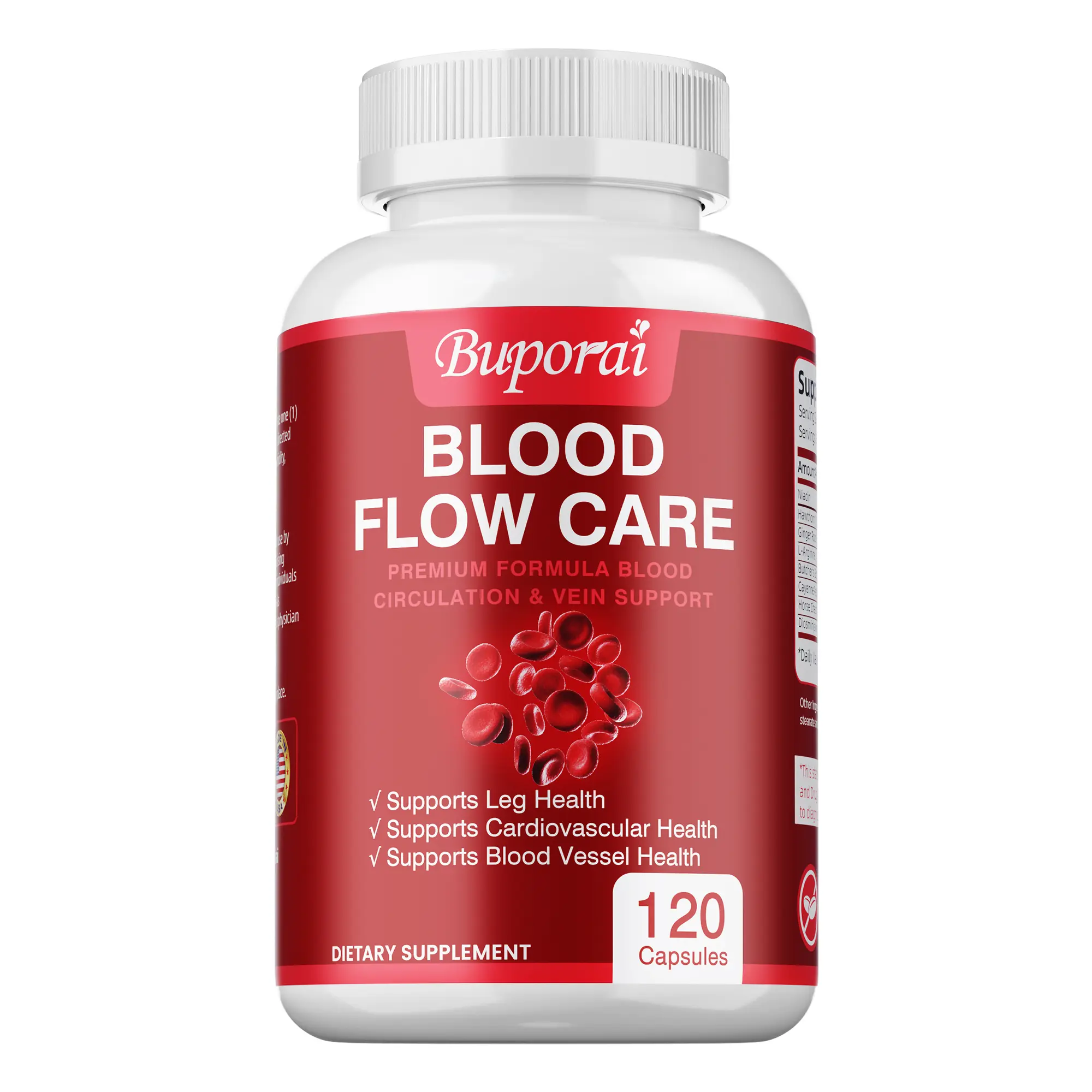 Buporai Blood Circulation Support Dietary Supplement Capsules - 120 Soft Capsules with Premium Formula for Vascular, Venous Health, Contains Niacin, L-Arginine, Ginger, Chili, Hawthorn