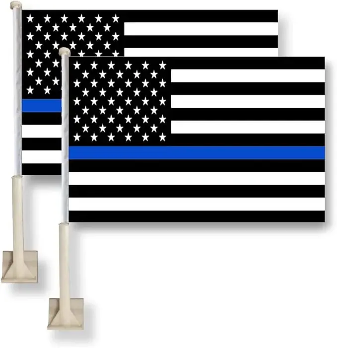 Thin Blue Line USA Automotive Car Window Flag Accessory - 2 Pack, 11x16in(28x40cm), 100% Polyester, Strong White Flagpole, Bracket, Window Mount, Show Support, Double Sewn