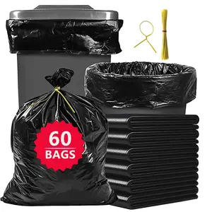 55 Gallon Heavy Duty Trash Bags, 60 Count Black Outdoor Garbage Bags with Tying Ropes