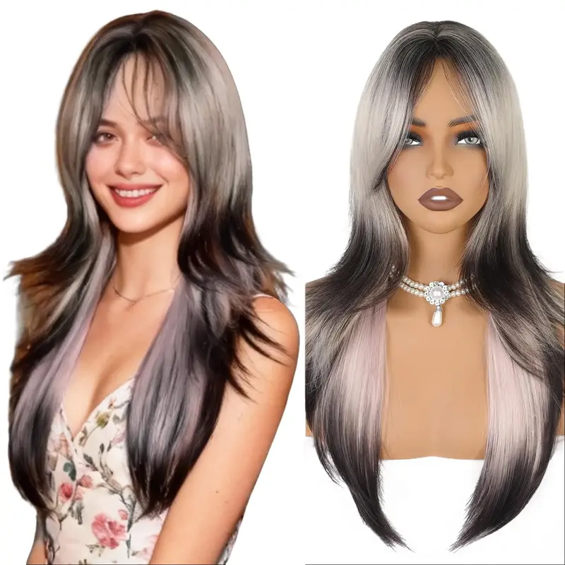 AISI HAIR Women's Synthetic Full Machine Wig - Long Straight with Curtain Bangs, Long Layers, Heat Resistant Synthetic Fibers, Full and Voluminous Look, Low Upkeep, Natural Hair Style for Daily/Parties, Party Wigs