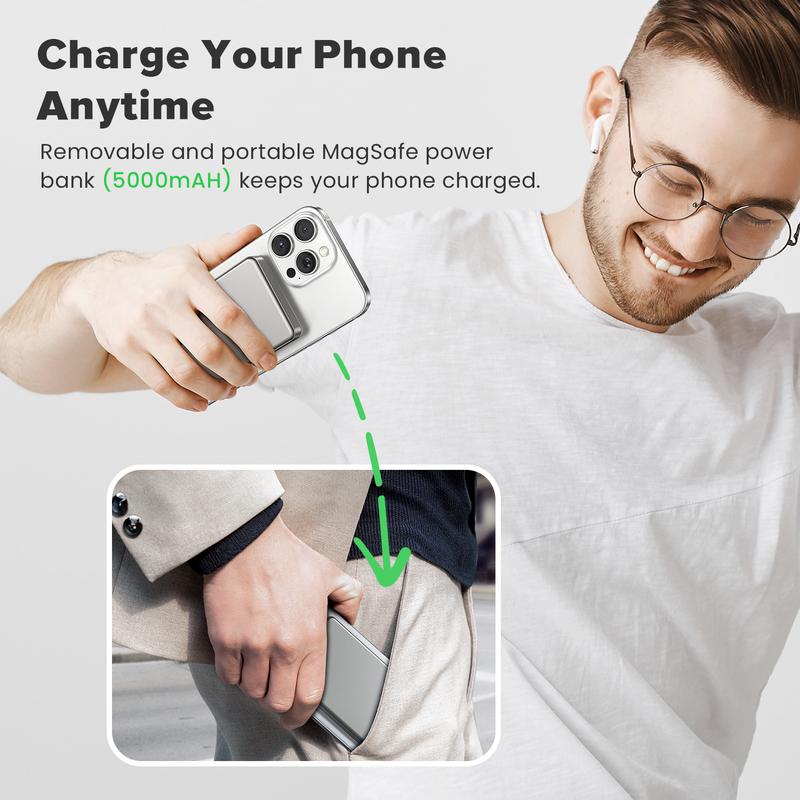 3-in-1 Wireless Charging Station with Removable 5000mAh Magnetic Power Bank for iPhone 12/13/14/15/16 Series, AirPods iWatch Series Wireless Charger