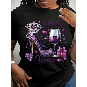 Women'S Plus Size Birthday Queen T-Shirt - Sparkling Red Glitter High Heels & Wine Glass Print With Crowns & Bows, Stretch Crew Neck Casual Top For Bachelorette Party, Queen Bee Outfit, Machine Washable Birthday Celebration Shirt