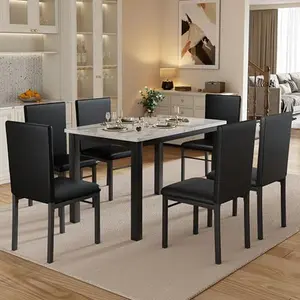 Loftiage 7 Piece Dining Table Set for 6, Compact Kitchen Table and Chairs Set of 6 with Faux Marble Top & Sturdy Metal Frame, Modern Dinner Table Set for Small Spaces, Apartment, White & Black