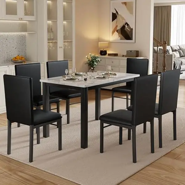 Loftiage 7 Piece Dining Table Set for 6, Compact Kitchen Table and Chairs Set of 6 with Faux Marble Top & Sturdy Metal Frame, Modern Dinner Table Set for Small Spaces, Apartment, White & Black