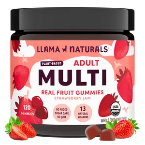 Llama Naturals Multivitamin for Women & Men, Vegan, Organic Gummies with Vitamin D, C & K, Adults Real Fruit Gummy Vitamins, Chewable Multivitamin Supplement, No Added Sugar Cane, Strawberry, 120 Ct