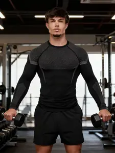 Men's Fitness Long Sleeve T-Shirt, Sports Running Training Top, Elastic Quick Dry Breathable Seamless Compression Shirt, Quick Dry Activewear