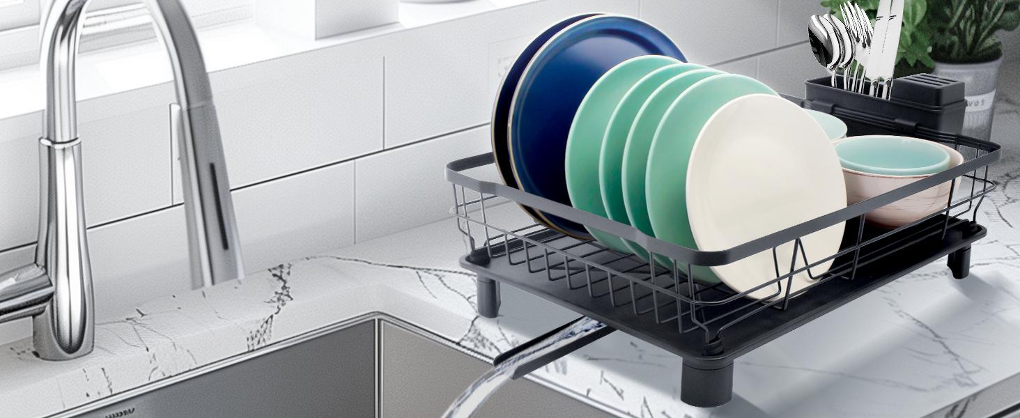 [New Deal] Dish Drying Rack for Kitchen Counter,Space-Saving Dish Rack with Drainboard,Rustproof Countertop Dish Drainer with Utensil Holder for Sink,Black