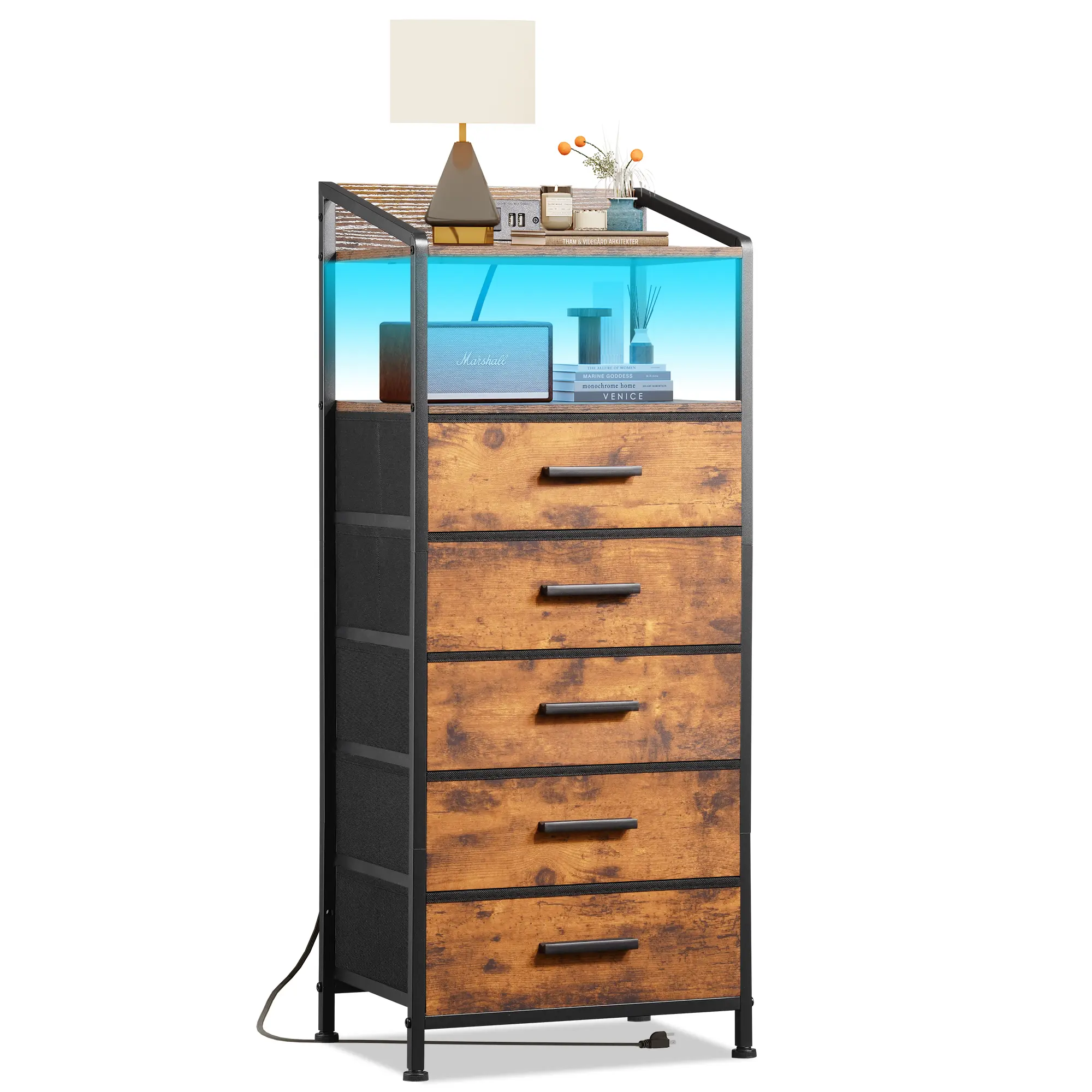 [Deals Today]Nightstand 5 Drawer Dresser with LED Lights and Charging Station, Vertical Side Table with Fabric Drawers, End Table with Open Shelf, Tall Dresser for Bedroom, Hallway, Entryway, Rustic Brown