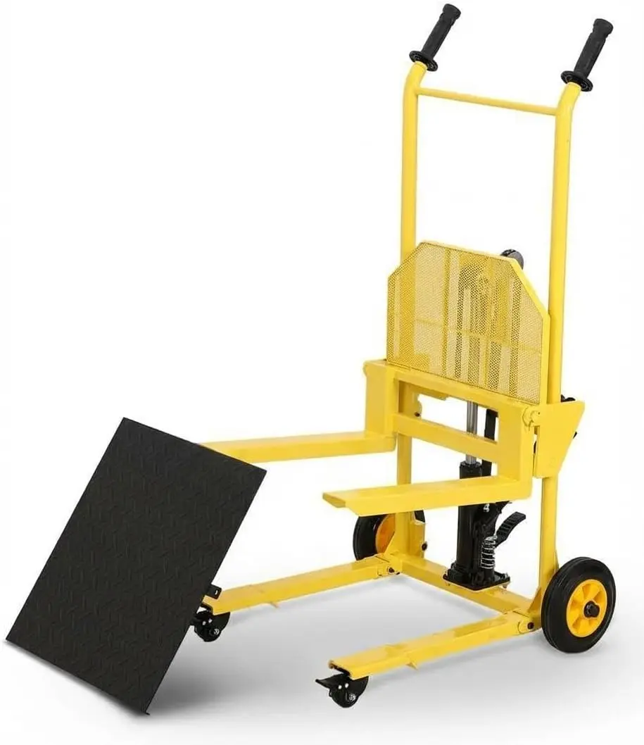 Hydraulic Material Lift Winch Stacker with Platform & Adjustable Forks, 440 LB Capacity, 36" Max Height, Manual Pallet Stacker for Warehouse, Factory, Market, Yellow