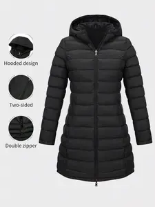 Women's Winter Hooded Jacket, Large Size, Double-Sided Pocket Cotton Coat, Casual Fitted Long Sleeve, Fall & Winter Commuter Wear