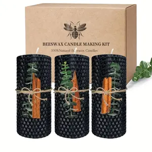 3PCS Assorted Color Beeswax Pillar Candles (Black/Yellow/Purple/Red), 10x5cm Unscented Dripless Smokeless Candles, 26H Long Burn, for Christmas, Halloween, Weddings, Home Relaxation & Holiday Decor