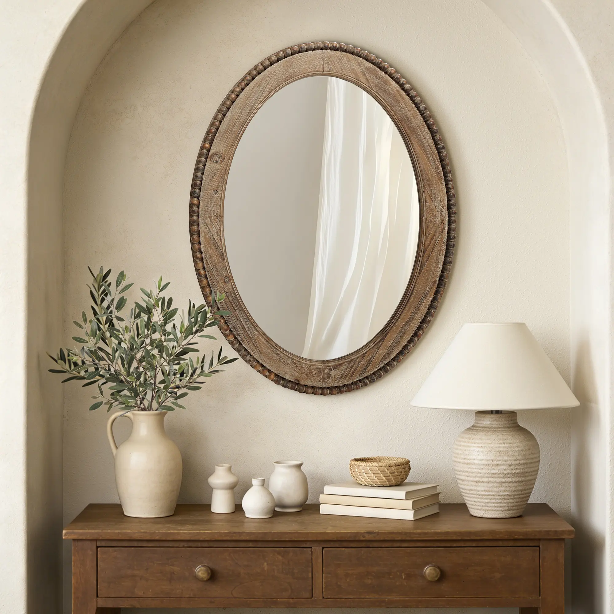 32" Decorative Beaded Oval Wood Wall Mirror