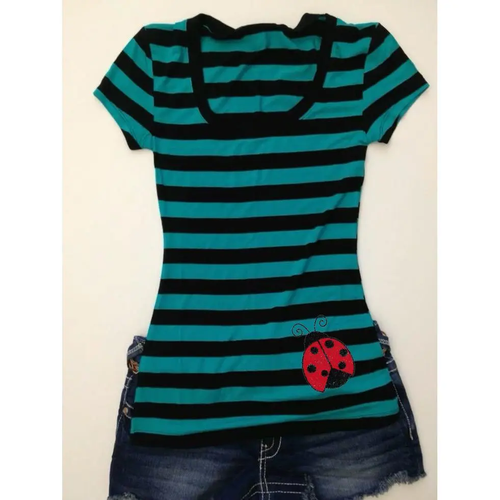 Women Striped Short Sleeve T Shirt With Cute Ladybug Print Square Neck Slim Fit Casual Summer Top For Daily Wear