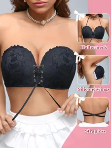 Women's WireFree Strapless Bralette, Elegant Add cup Front Tie Push-Up , Breathable Adjustable Straps, Multiway Halter Backless, off-shoulder Dresses Dates  Daily Wear Underwear