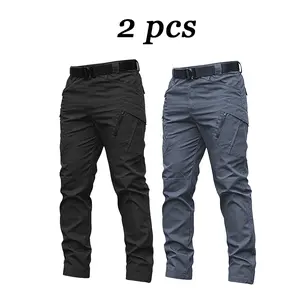 Two-piece men's tactical cargo pants. Mid-rise zip tailored fit, multi-pocket design. Durable and breathable polyester fabric, suitable for all seasons. Ideal for construction work and outdoor activities.