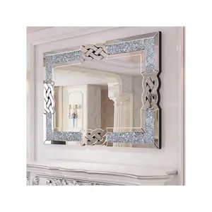 Crushed Rhinestone Wall Mirror: Rectangular Glass Silver Vanity With Decorative Bling Crystal Frame Edge Home Art Decor For Livingroom Dining Room Bathroom Home Decor Back To School Room Decor School Supplies