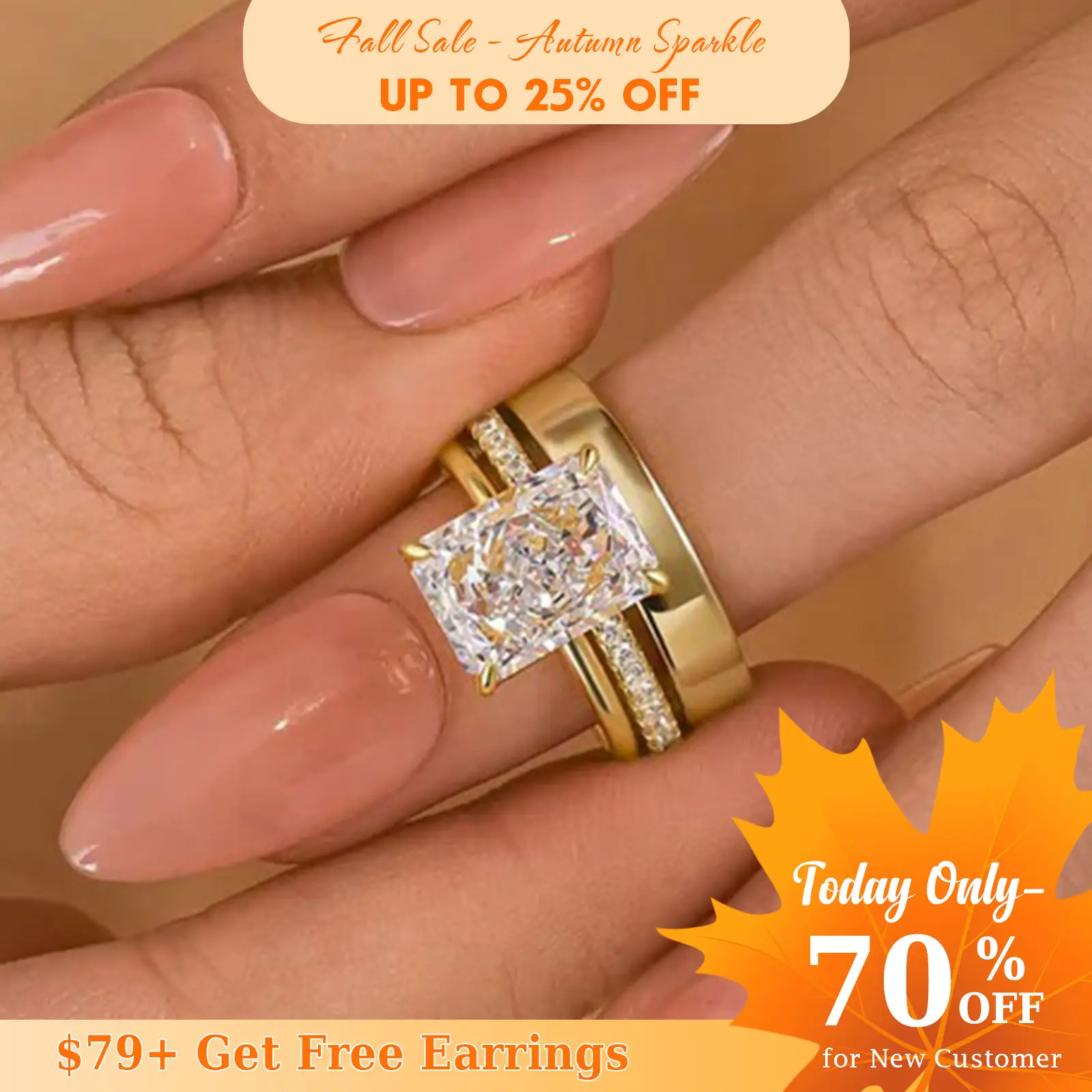 Effinny 4.0ct Radiant Cut 3PC Wedding Ring Set, 5A Cubic Zirconia Golden Bridal Ring Set, 925 Sterling Silver Anniversary Ring for Women Outdoorfun