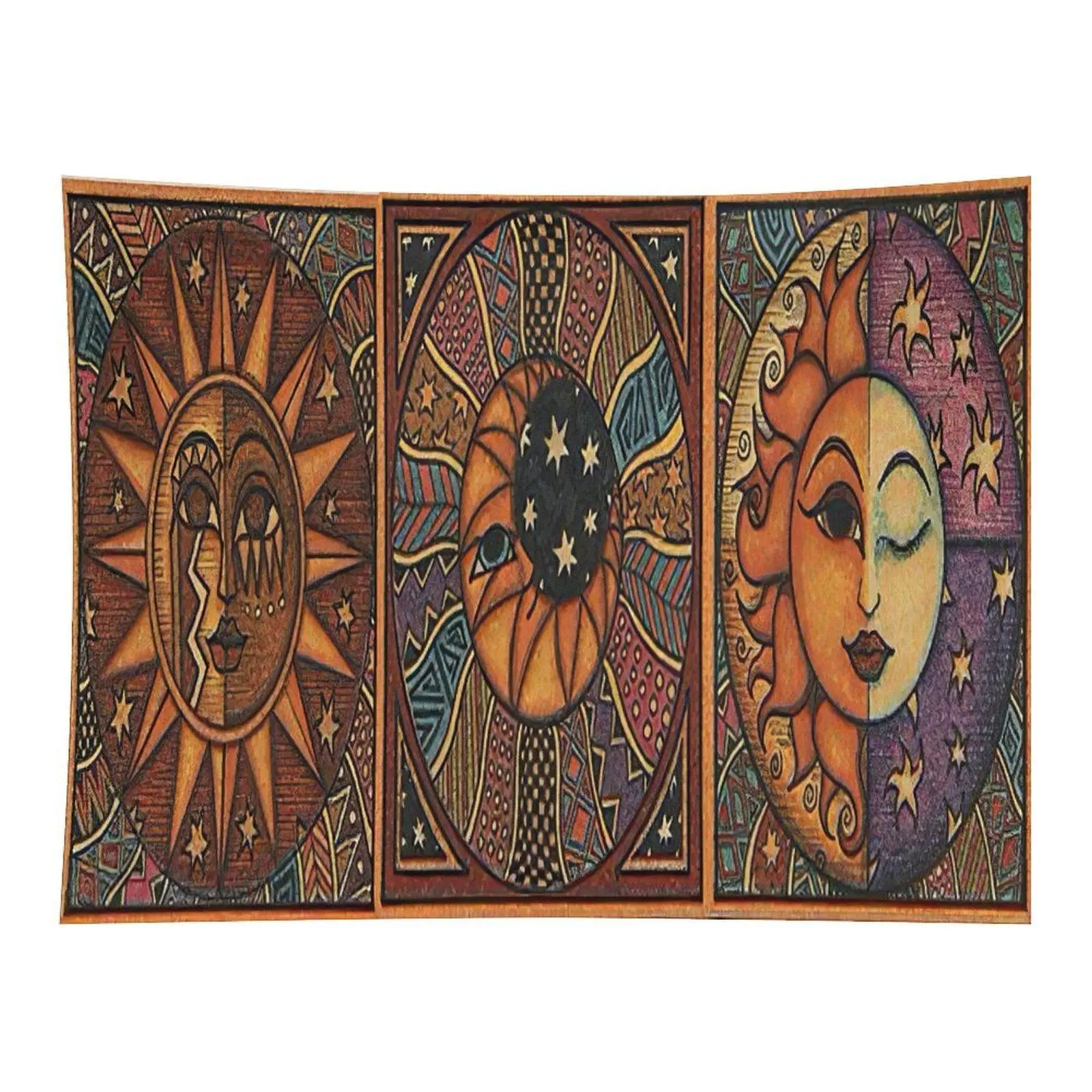 Triple Panel Vintage Folk Art Sun Moon Face Geometric Tribal Pattern Rustic Terracotta Celestial Wall Tapestry For Boho Cottagecore Bedroom Decor