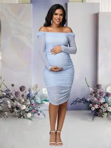 BELLAdresses Maternity Bubble Long Sleeve Mesh Midi Dress, Suitable For Baby Shower Photo Shoot, Women Party Dress Spring