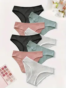 Women's Comfortable Casual Simple Ribbed Solid Color Mid-Waist Triangle Panties, Plain Panty, Pack of 8, Soft & Breathable Underwear