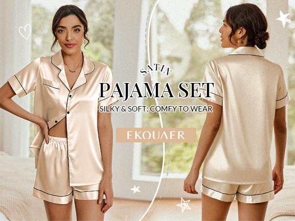 EKOUAER Womens Silk Satin Shorts Sets Button Down Cozy Loungewear 2 Piece  Set S-XXL