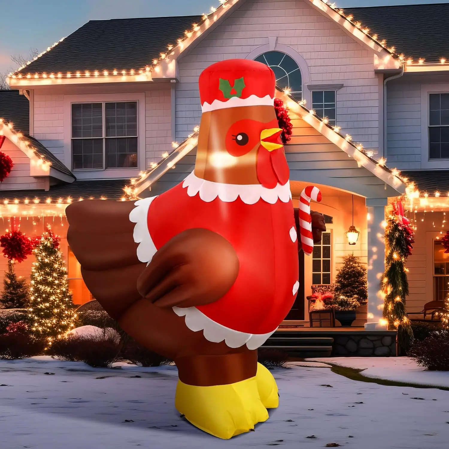 5 ft Large Lighted Christmas Inflatable Chicken Built in Colorful LED Light up Inflatable Turkey Blow up Chicken Garden Decor for Holiday Yard Lawn Ground Outdoor Indoor(Claus Hen)