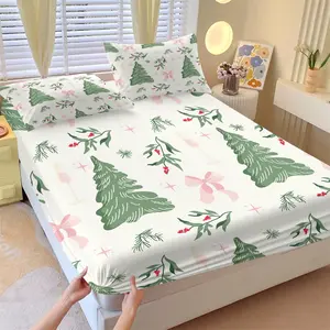 Christmas Tree Theme Fitted Sheet Set, 1 Fitted Sheet and 2 Pillowcases, Fresh Color, Christmas Elements Pattern, Soft Breathable Fabric, Perfect for Holiday Gifts or Bedroom Decoration